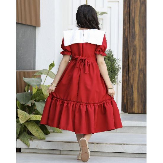 صورة فستان بناتي أحمر بياقة فيونكة ضخمة وكشكشة سفلية | ألوان (أحمر، عودي، ليموني) - 1172